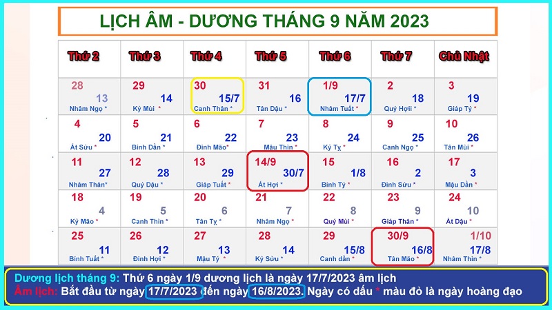 Lịch dương tháng 9 năm 2023